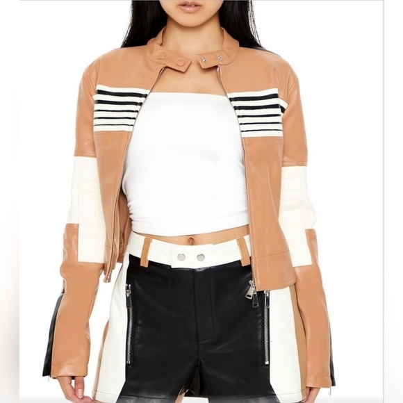 Vegan Leather Striped Color-block Moto Jacket Brown White MEDIUM - Picture 1 of 14